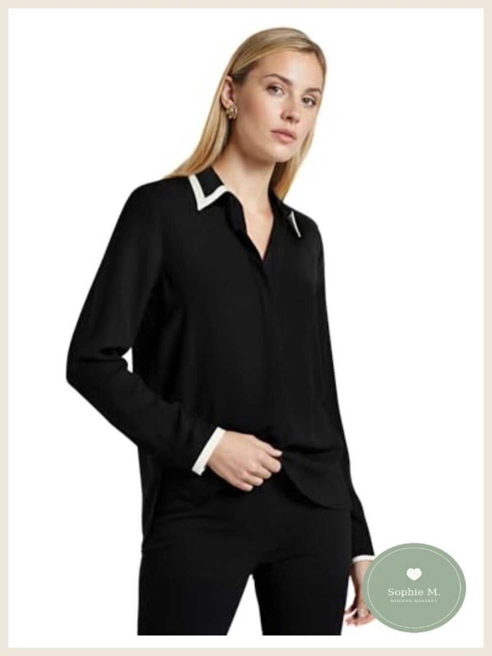 Anne Klein Long-Sleeve Button-Down Blouse Women's Contrast Tipping 100%